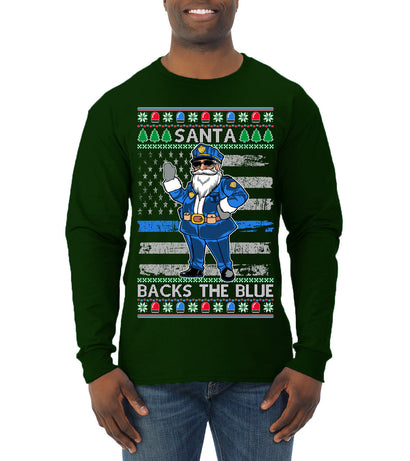 Santa Backs The Blue Pro Police Santa Claus Ugly Christmas Sweater Mens Long Sleeve Shirt