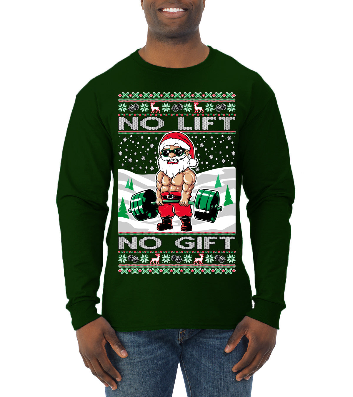 No Lift No Gift Fitness Workout Santa Ugly Christmas Sweater Mens Long Sleeve Shirt