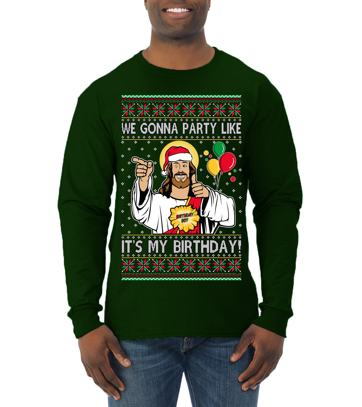 Gonna Party Like It's My Birthday Jesus Ugly Christmas Sweater Mens Long Sleeve Shirt
