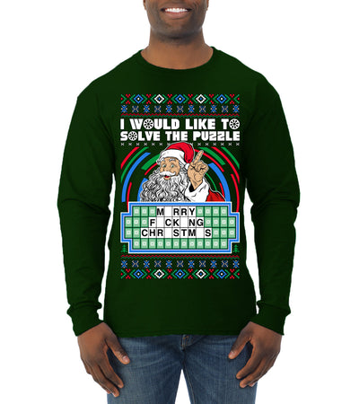Santa Game Show I'd Like To Solve the Puzzle Wheel Ugly Christmas Sweater Mens Long Sleeve Shirt