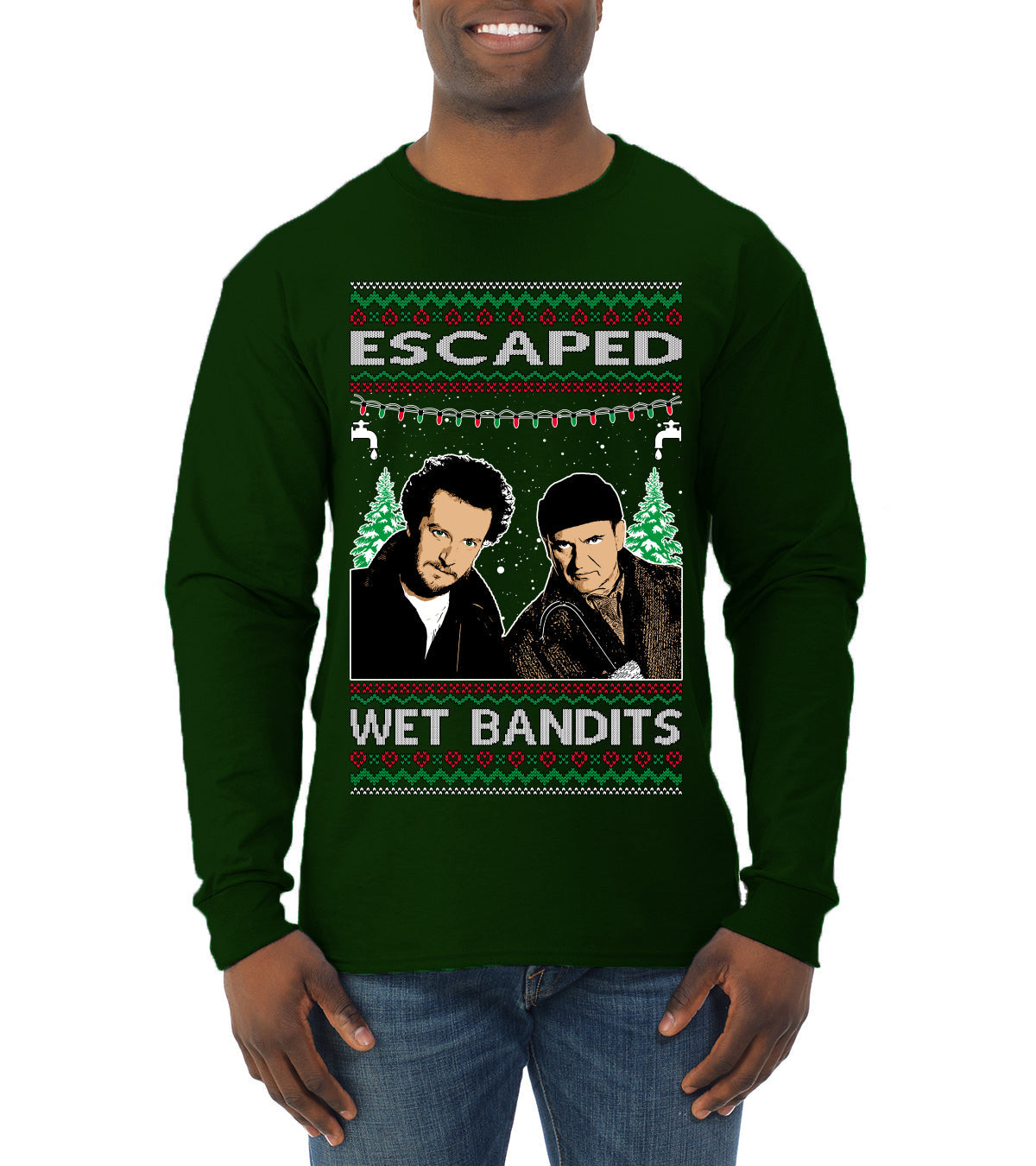Escaped Bandits Classic Home Holiday Movie Ugly Christmas Sweater Mens Long Sleeve Shirt