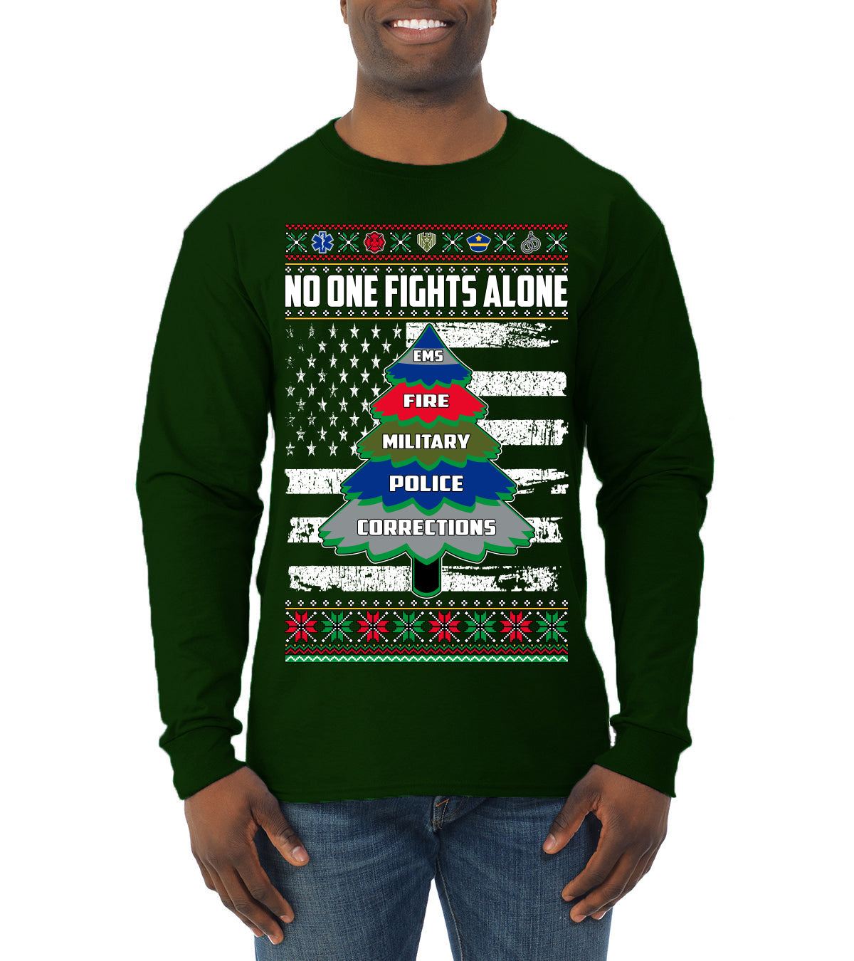 No One Fights Alone Holiday First Responder Police Fire Emt Ugly Christmas Sweater Mens Long Sleeve Shirt
