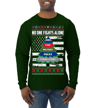 No One Fights Alone Holiday First Responder Police Fire Emt Ugly Christmas Sweater Mens Long Sleeve Shirt