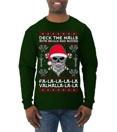 Valhalla Deck The Halls With Skulls & Bodies Ugly Christmas Sweater Mens Long Sleeve Shirt