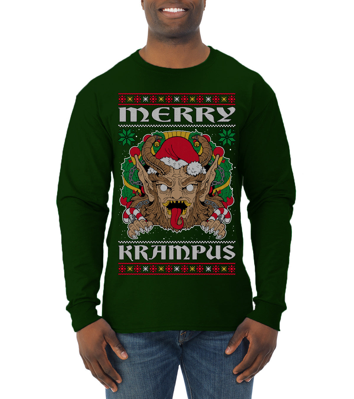 Merry Krampus Santa Folklore Figure Horror Ugly Christmas Sweater Mens Long Sleeve Shirt