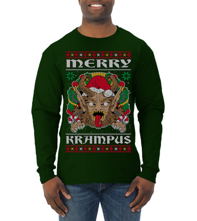 Merry Krampus Santa Folklore Figure Horror Ugly Christmas Sweater Mens Long Sleeve Shirt