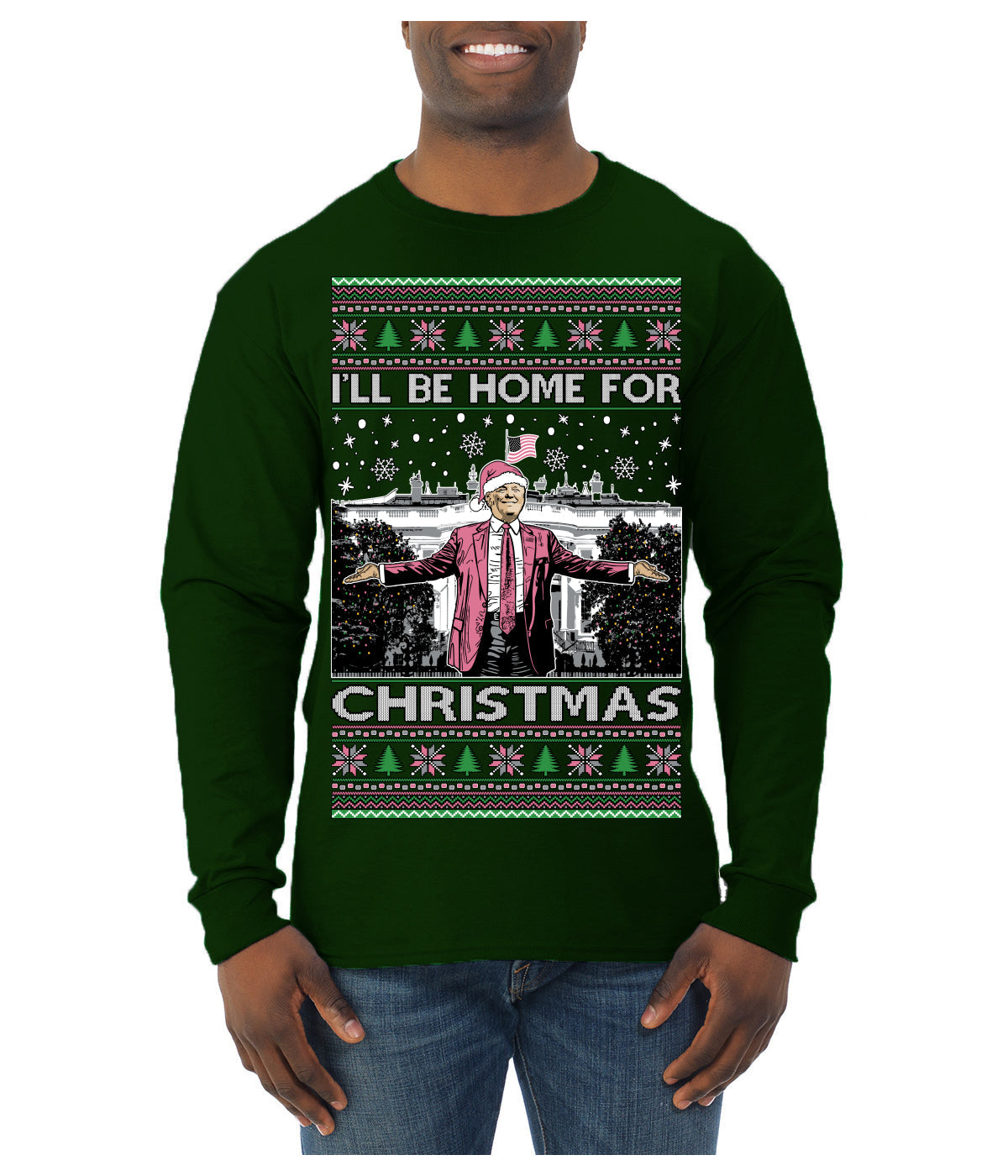 I'll Be Home for Christmas Pink Suit | Funny Santa Clause President Donald Trump Ugly Christmas Sweater Mens Long Sleeve Shirt