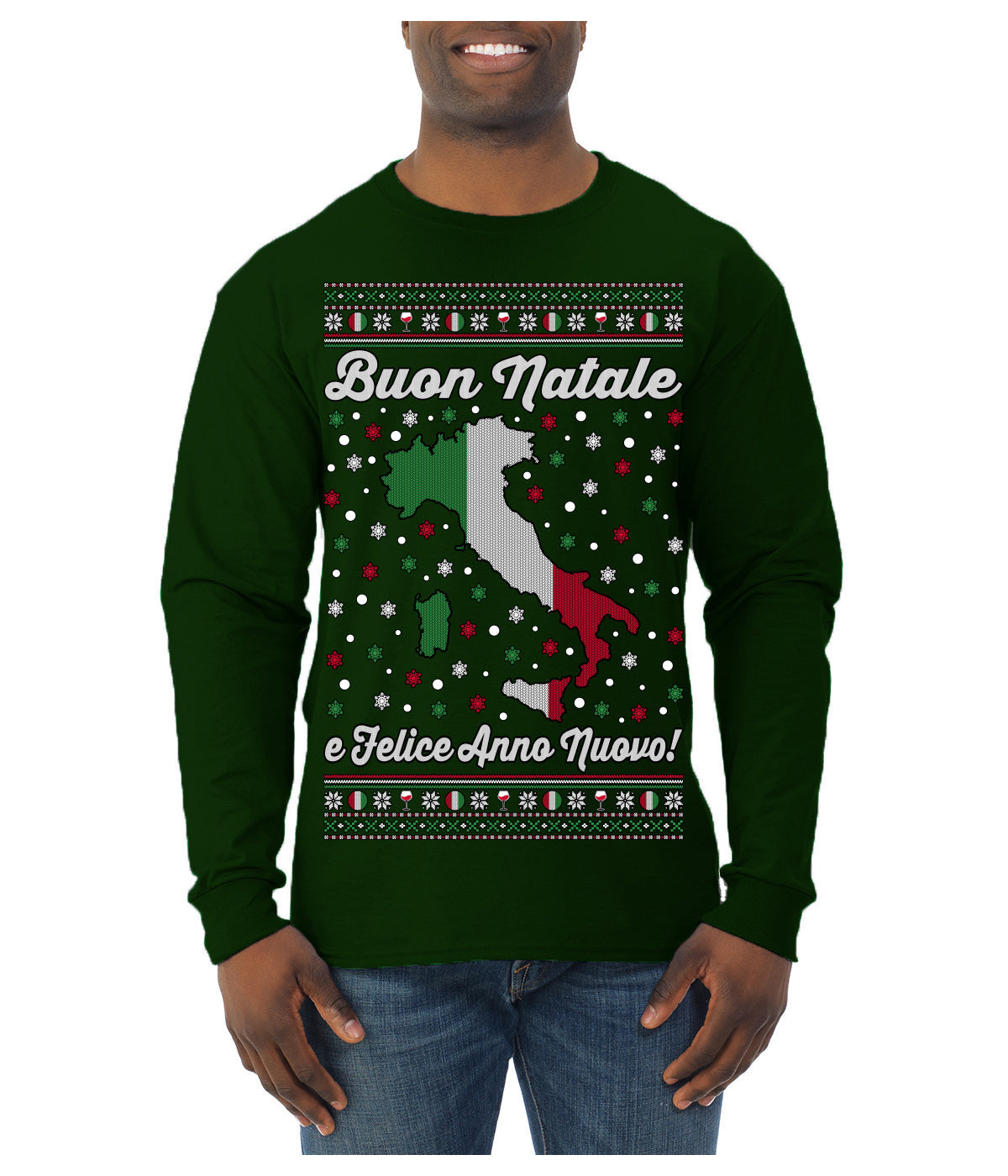 Buon Natale e Felice Anno Nuovo! Merry Christmas and Happy New Year Ugly Christmas Sweater Mens Long Sleeve Shirt