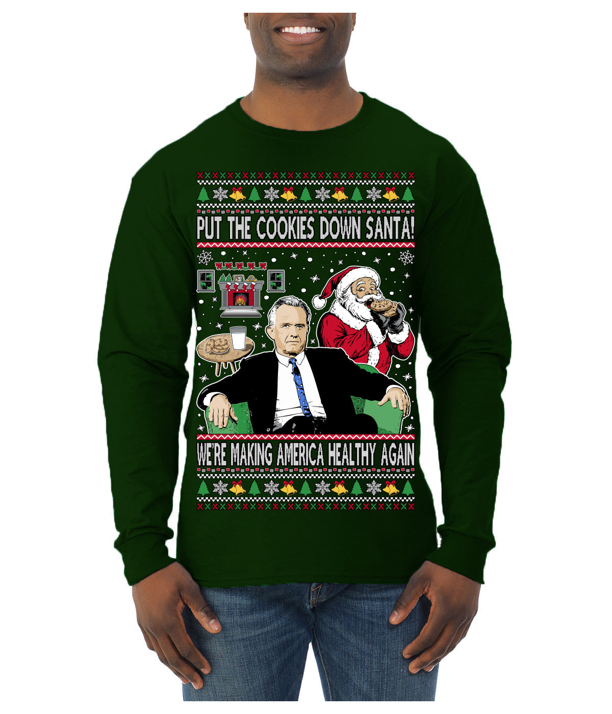 Put the Cookies Down Make America Healthy Again RFK Ugly Christmas Sweater Mens Long Sleeve Shirt