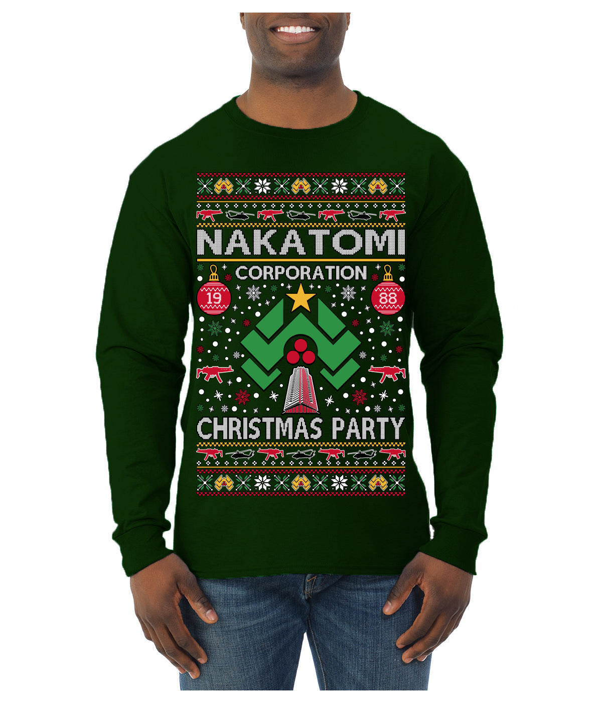 Nakatomi Corporation Christmas Party 1988 Plaza Logo, Classic Die Hard McClane 80s Xmas Movie Quote Ugly Christmas Sweater Mens Long Sleeve Shirt