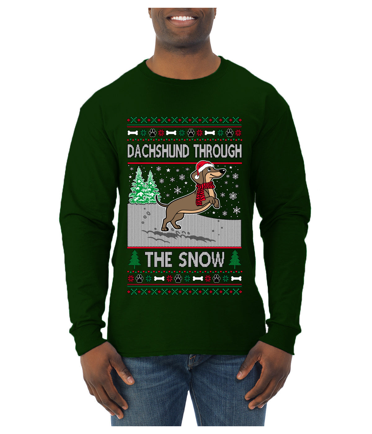 Dachshund Through The Snow, Cute Dog Christmas Sweater, Ugly Christmas Sweater Mens Long Sleeve Shirt