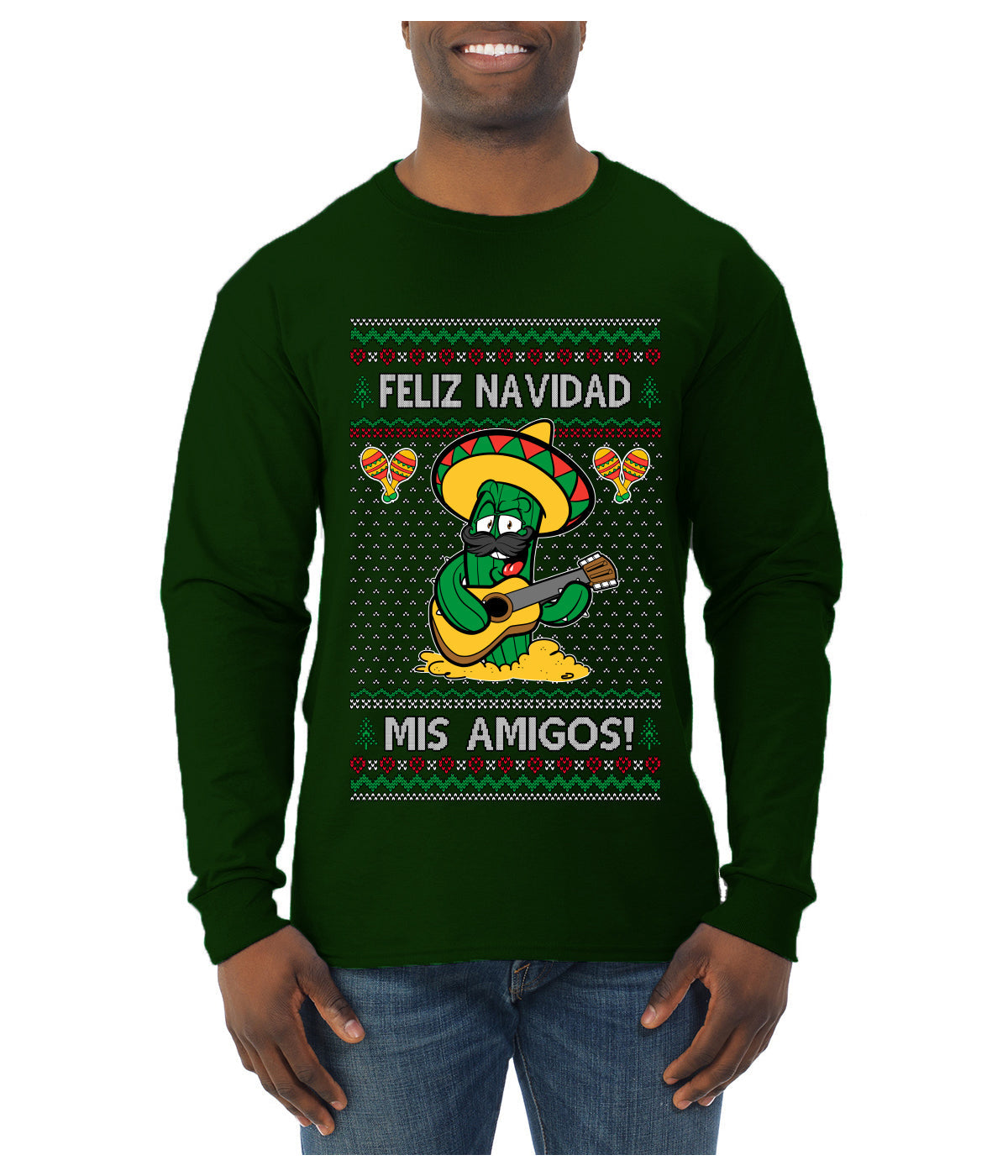 Feliz Navidad Mis Amigos!, Ugly Christmas Sweater Mens Long Sleeve Shirt