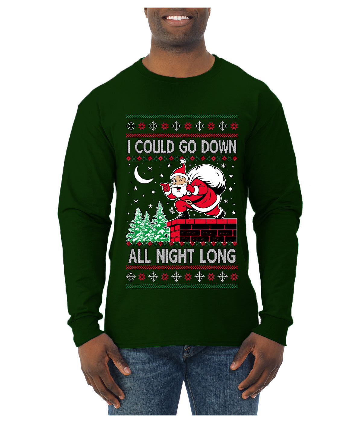 I Could Go Down All Night Long, Ugly Christmas Sweater Mens Long Sleeve Shirt