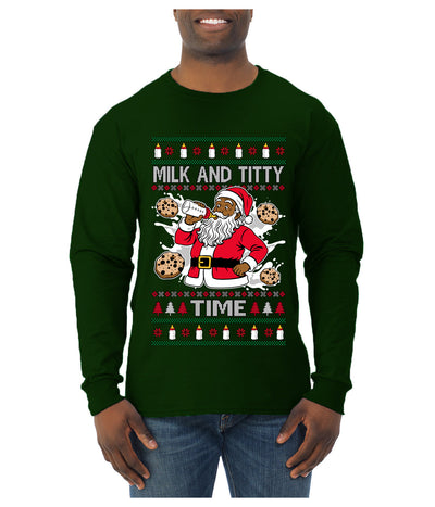 Milk And Titty Time Christmas Sweater, Ugly Christmas Sweater Mens Long Sleeve Shirt