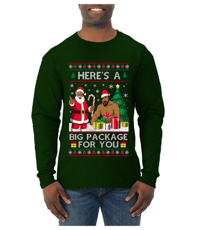Here's A Big Package For You Black Santa Christmas Sweater, Ugly Christmas Sweater Mens Long Sleeve Shirt