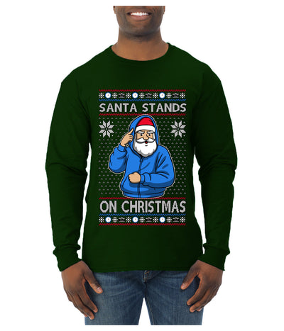 Santa Stands On Christmas, Ugly Christmas Sweater Mens Long Sleeve Shirt