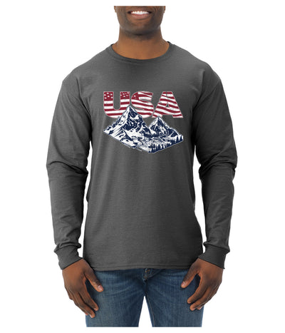 USA Winter Team Sports Fan Collection | USA Flag Mountainscape Sweater, Unisex Mens Long Sleeve Shirt