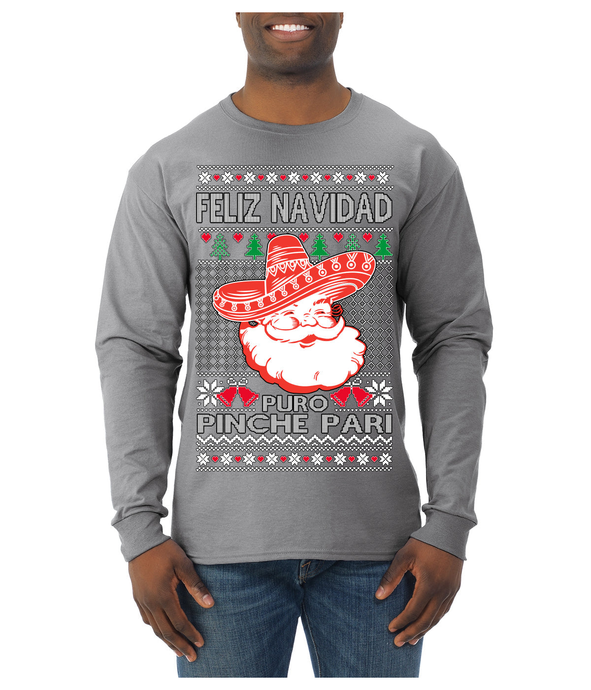 Feliz Navidad Puro Pinche Pari Funny Spanish Song Ugly Christmas Sweater Mens Long Sleeve Shirt