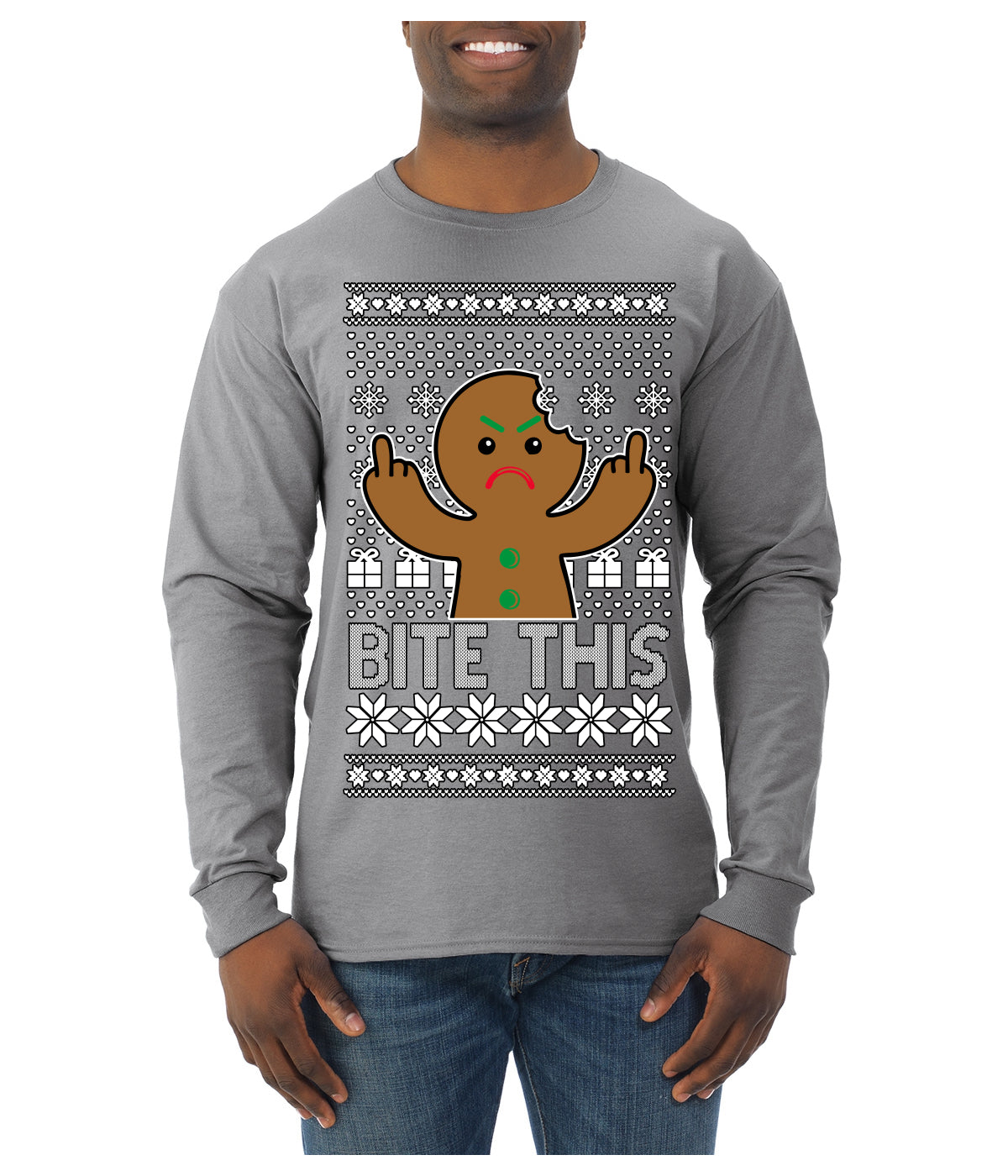 Bite This, Funny Gingerbread Cookie Offensive Inappropriate Middle Finger, F U Ginger Bread Dirty Novelty Xmas Ugly Christmas Sweater Mens Long Sleeve Shirt