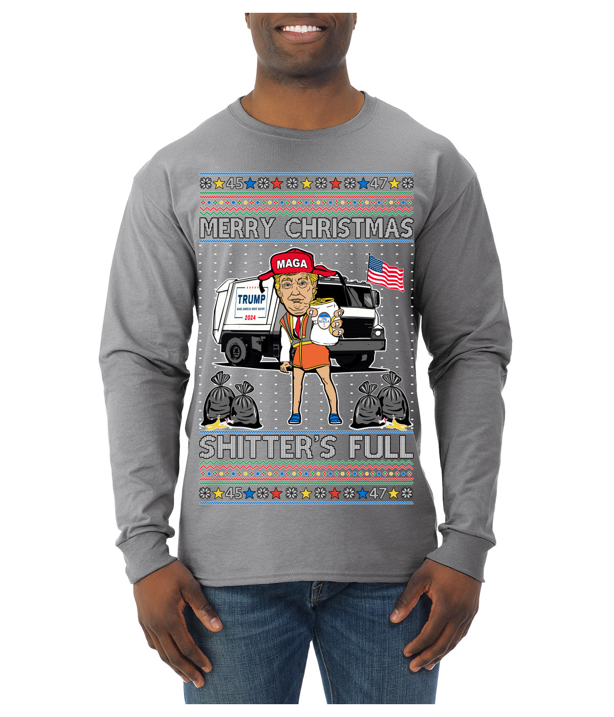 Donald Trump Merry Christmas Shitter's Full Cousin Eddie Ugly Christmas Sweater Mens Long Sleeve Shirt