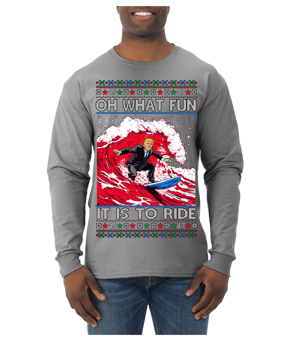 Oh What Fun It Is to Ride Donald Trump Red Wave Landslide Ugly Christmas Sweater Mens Long Sleeve Shirt