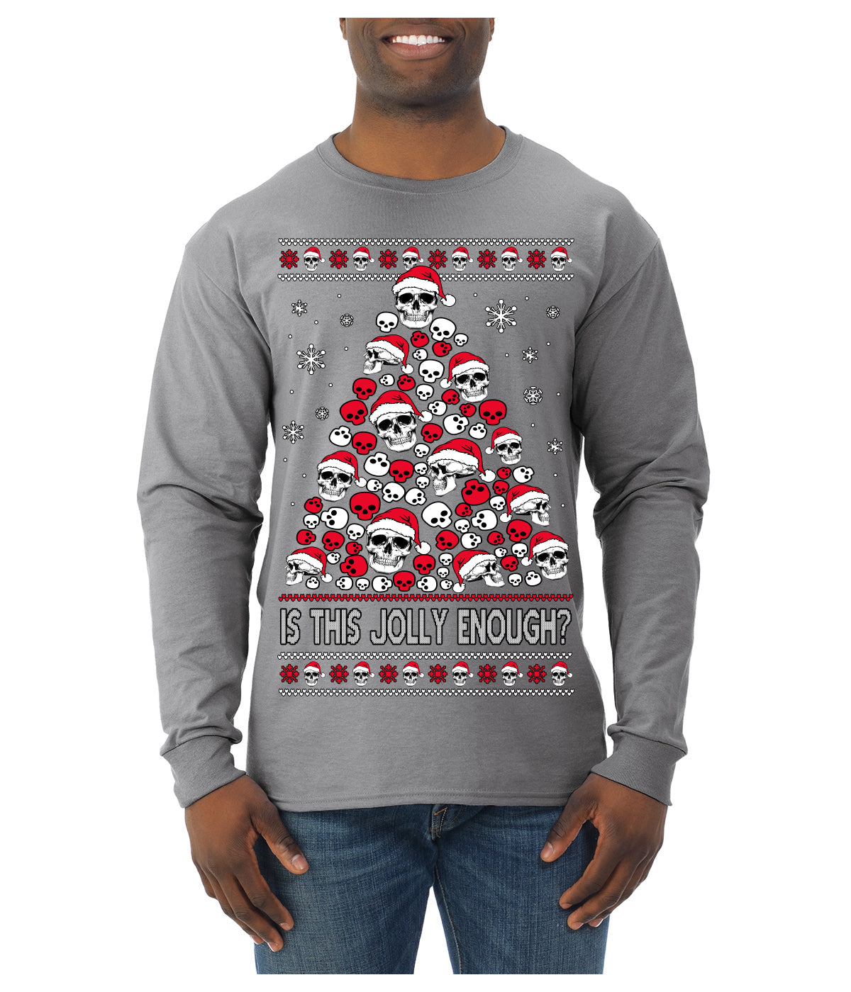 Is This Jolly Enough? Skeleton Skull Christmas Tree Ugly Christmas Sweater Mens Long Sleeve Shirt