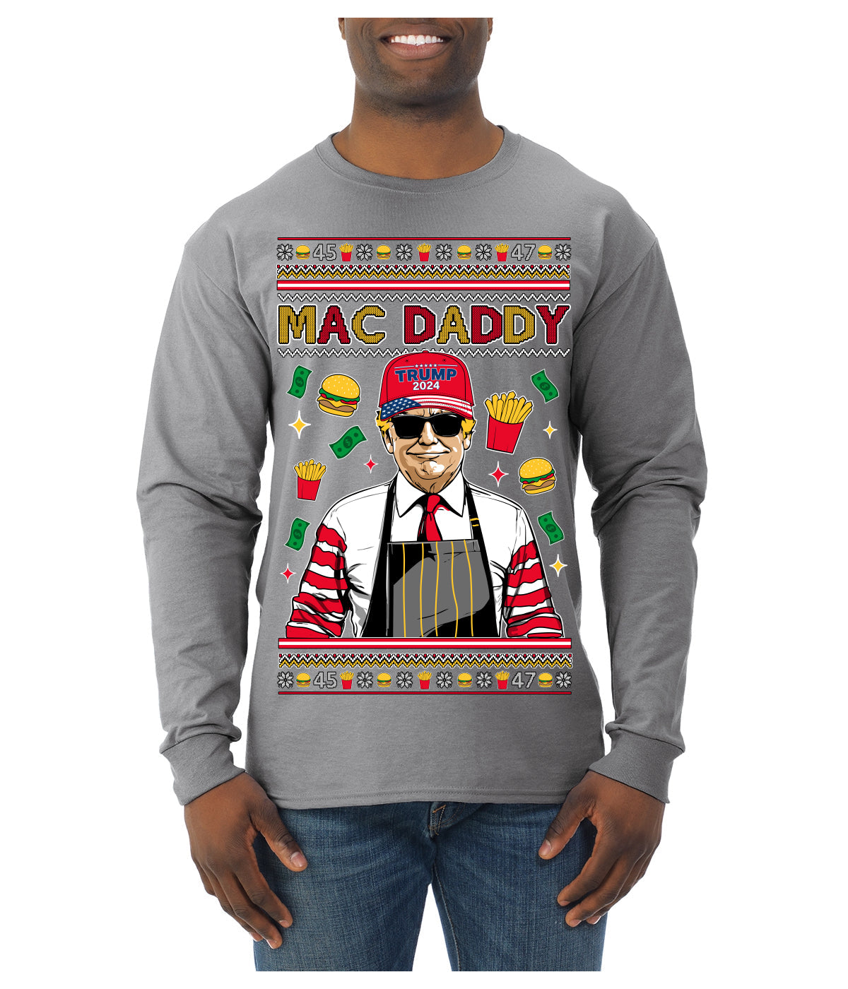 Mac Daddy Funny Viral Trump Meme Fast Food Fries Burgers Ugly Christmas Sweater Mens Long Sleeve Shirt