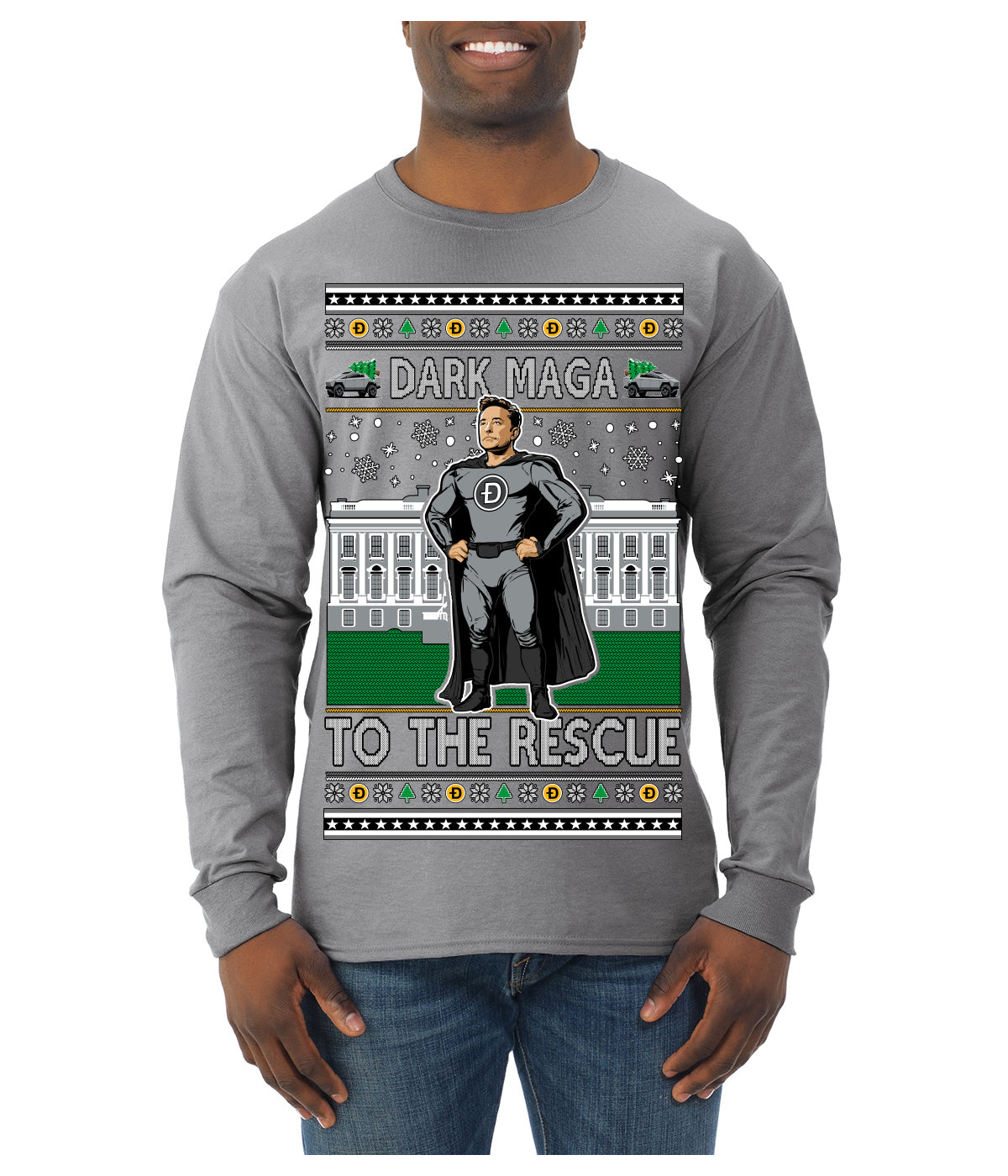 Dark MAGA to the Rescue Elon Superhero Doge Crypto Ugly Christmas Sweater Mens Long Sleeve Shirt