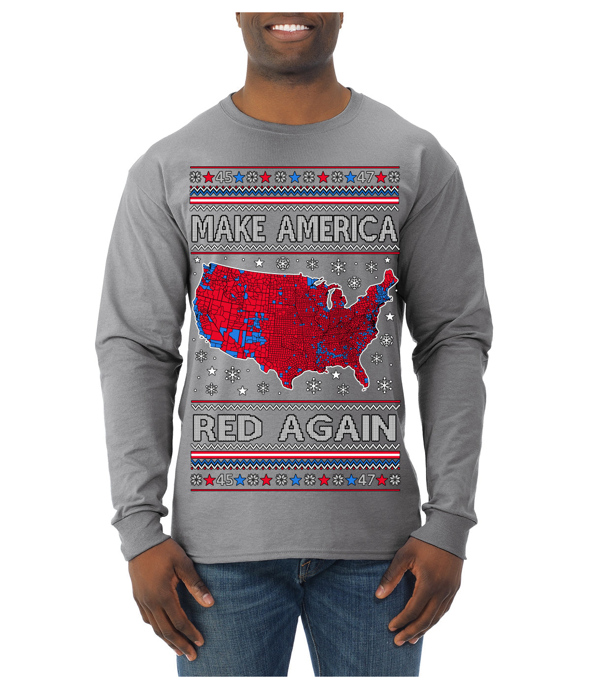 Make America Red Again USA Map Trump 2024 MAGA Ugly Christmas Sweater Mens Long Sleeve Shirt