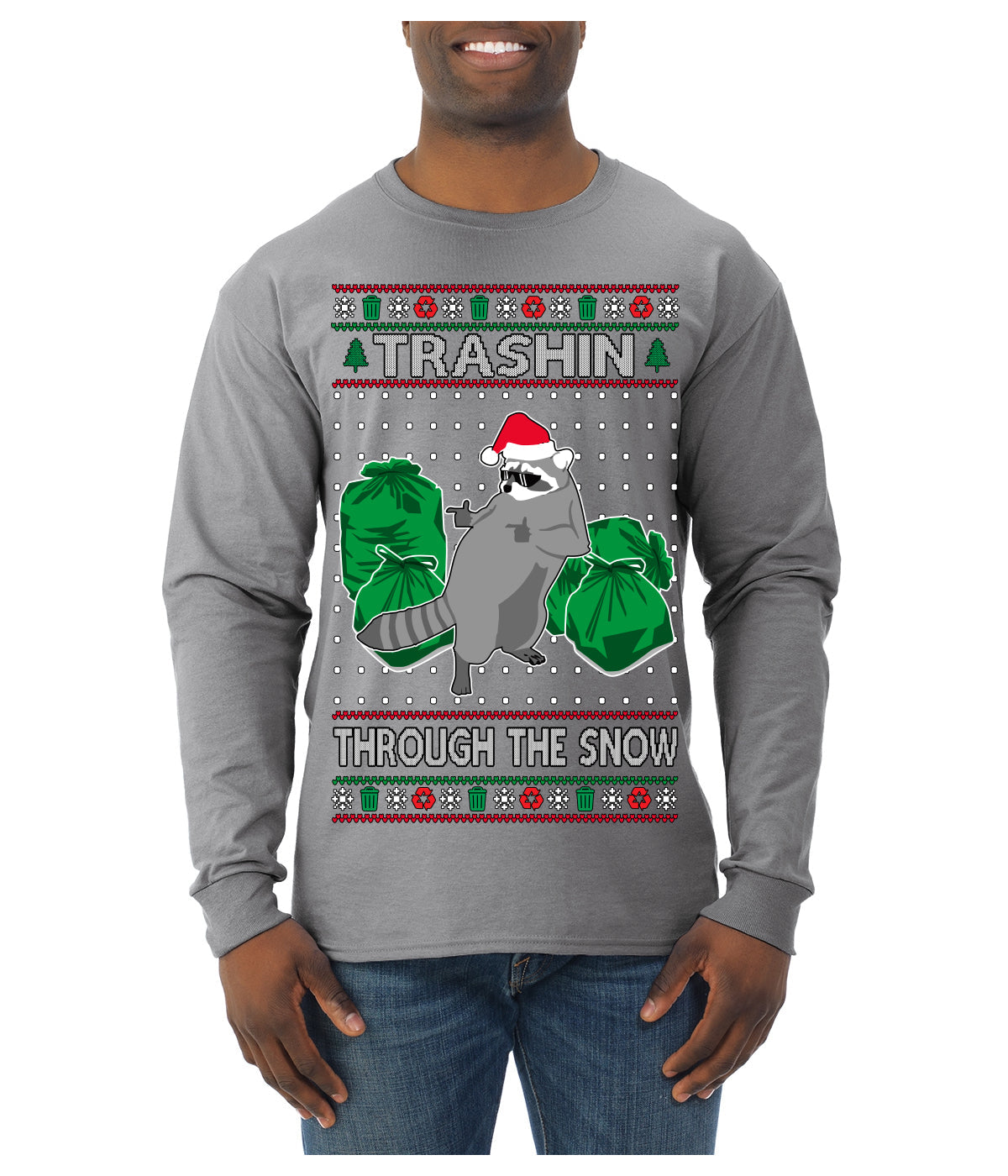 Trashin Through the Snow Funny Trash Panda Raccoon Meme Ugly Christmas Sweater Mens Long Sleeve Shirt