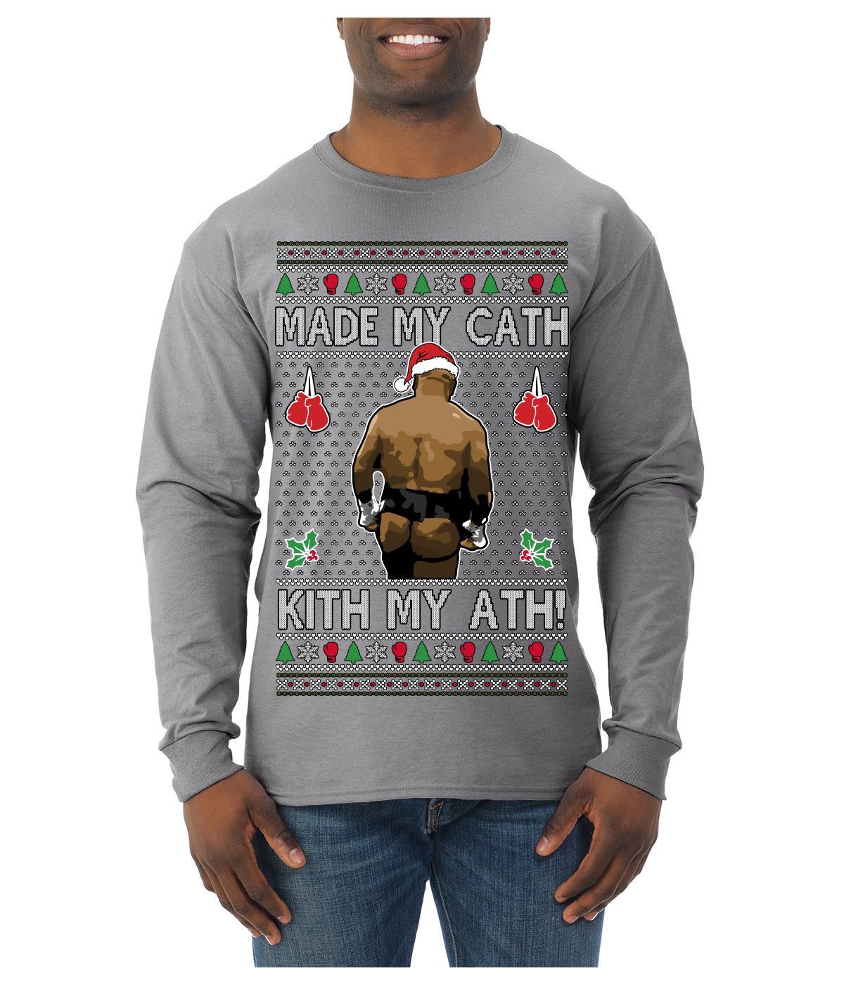 Made My Cath Kith My Ath, Funny Cash Money Viral Kiss My Ass Boxing Fight Meme, Men Women Ugly Christmas Sweater Mens Long Sleeve Shirt