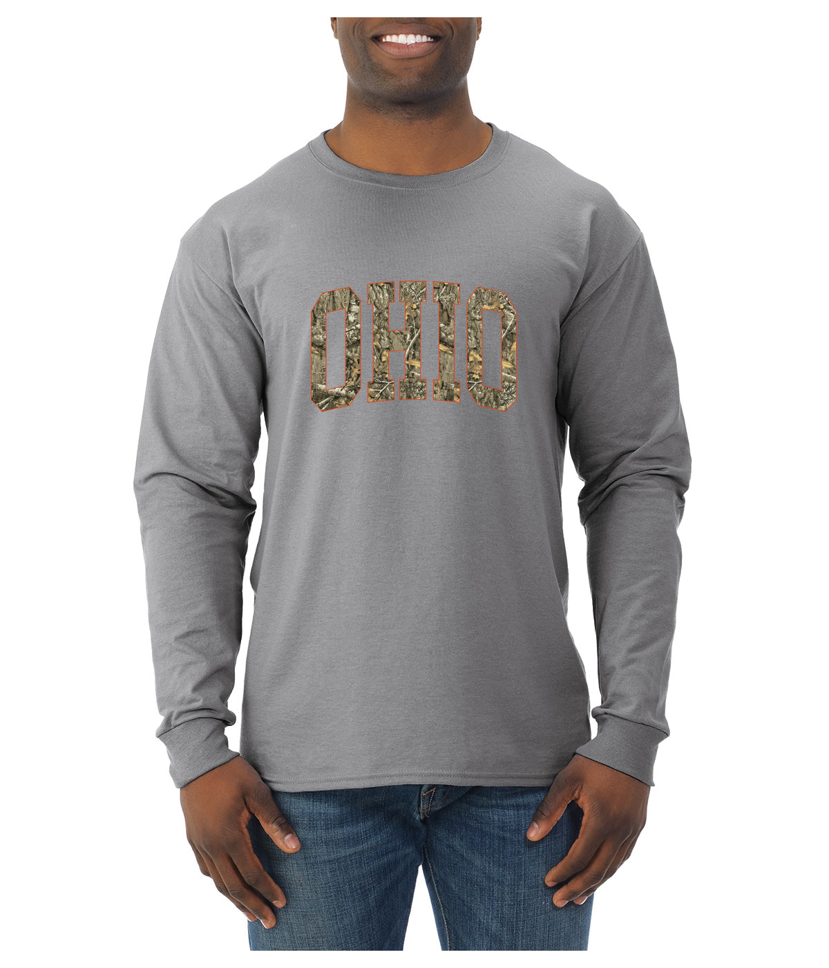 Ohio  Camo Fill Orange Outline Sweater, Unisex Mens Long Sleeve Shirt