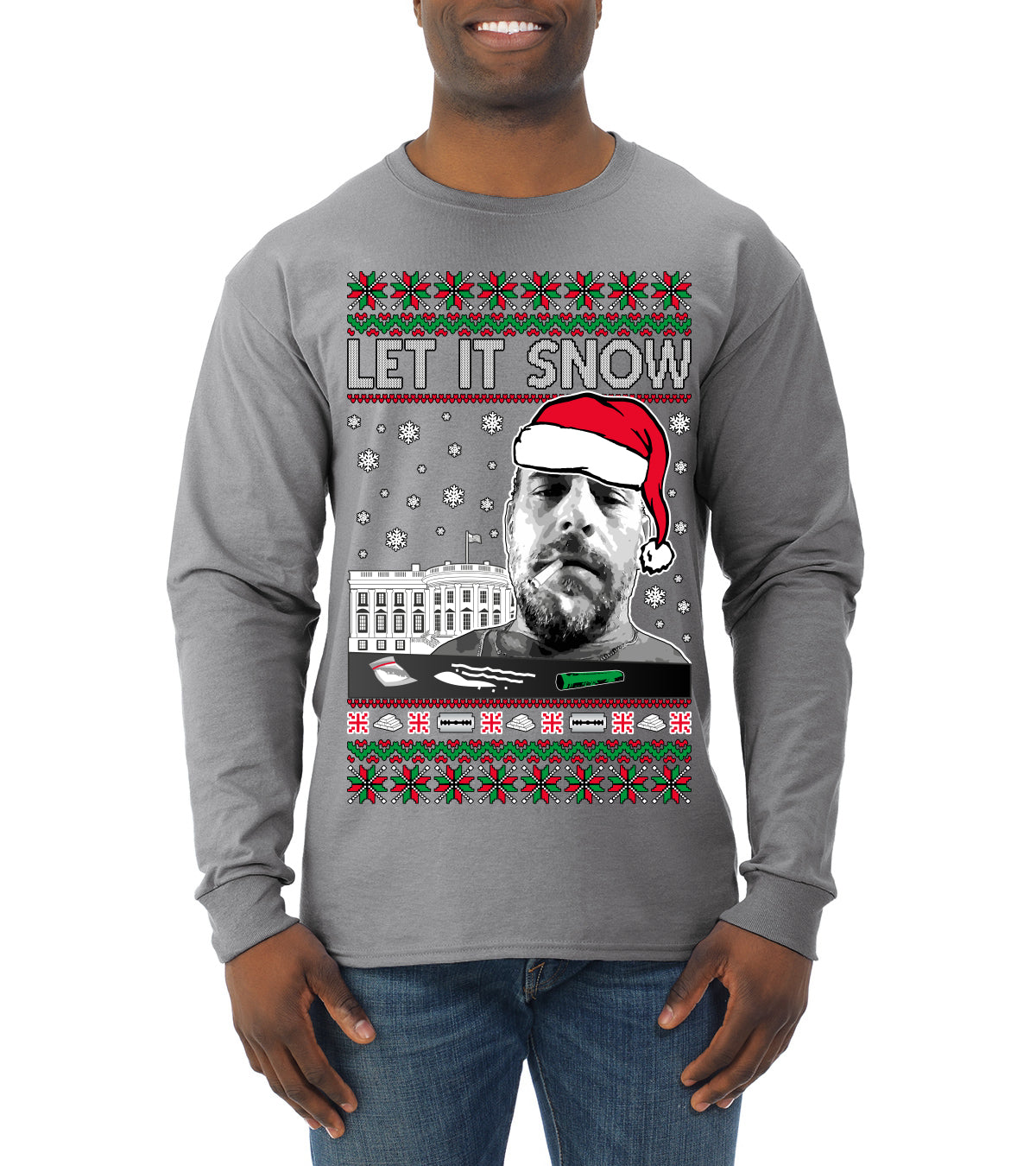 Hunter Let It Snow Biden Ugly Christmas Sweater Mens Long Sleeve Shirt