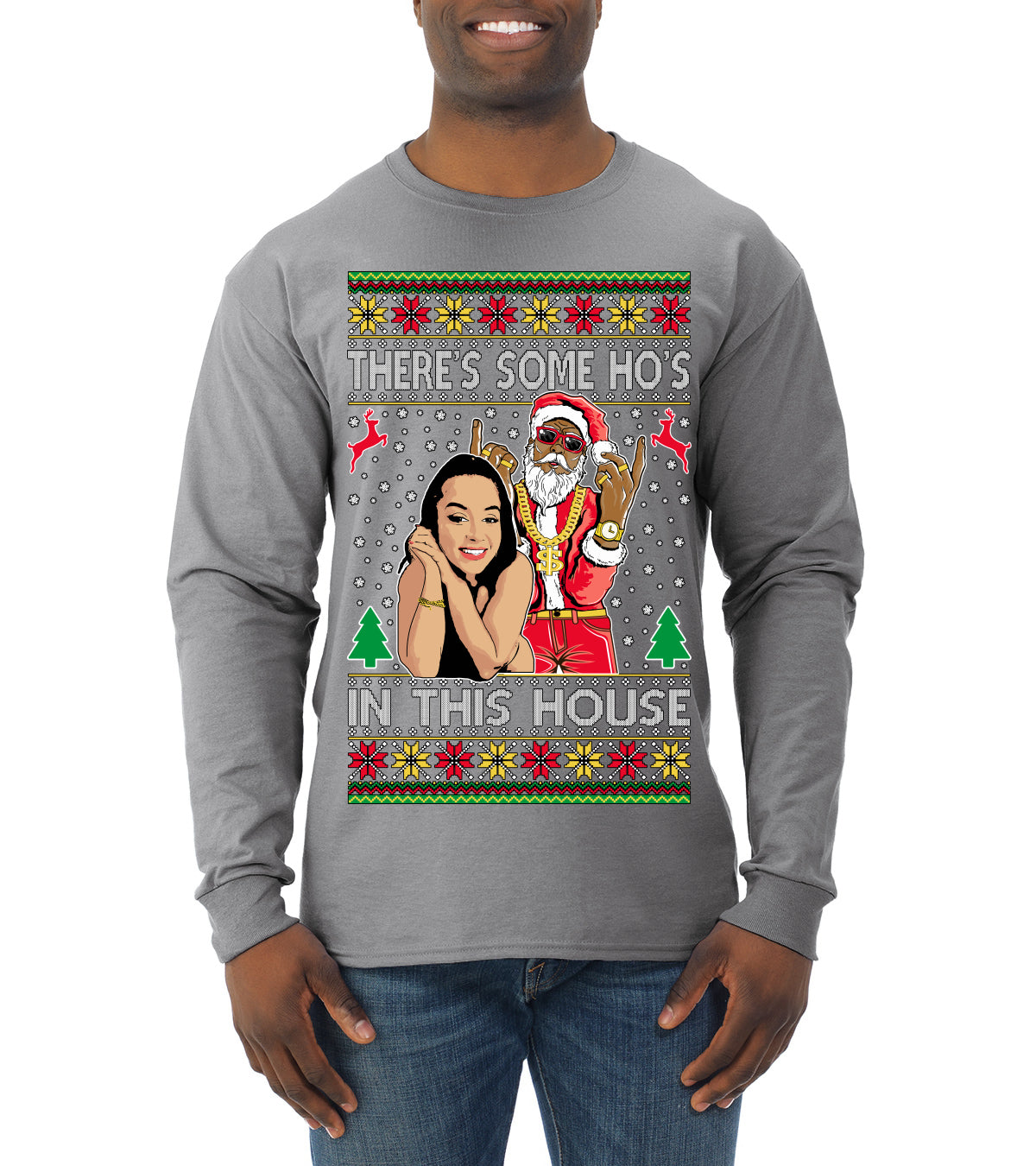 Santa the Plug Hos In This House  Ugly Christmas Sweater Mens Long Sleeve Shirt