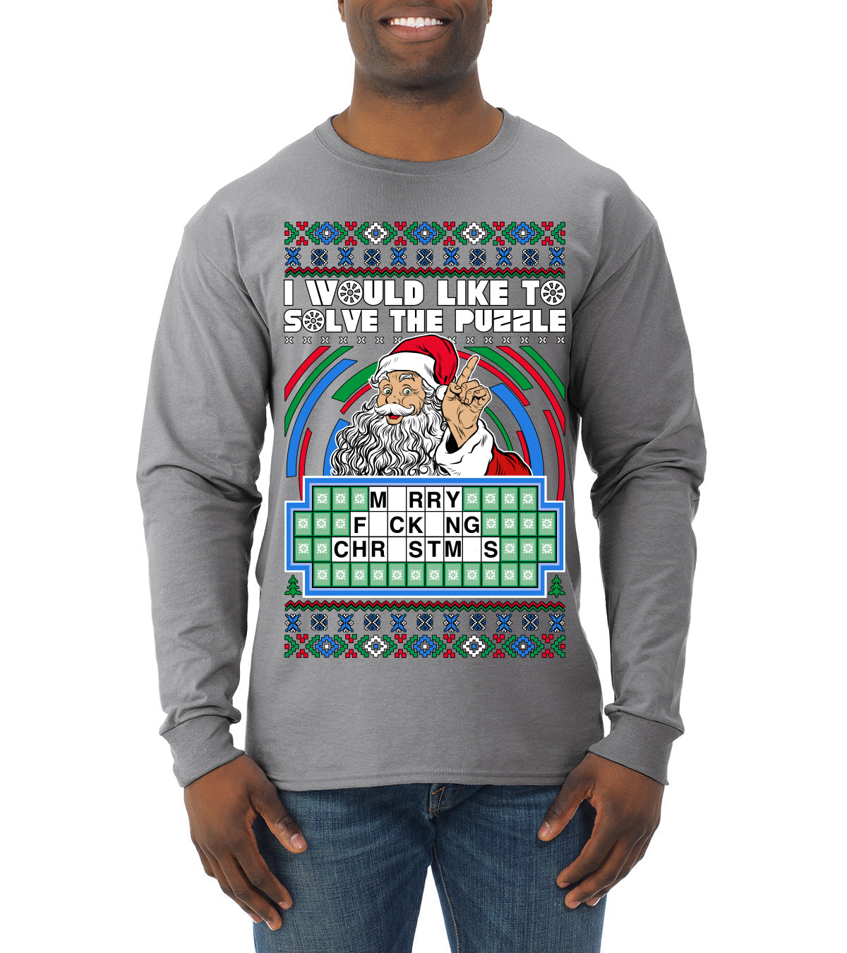 Santa Game Show I'd Like To Solve the Puzzle Wheel Ugly Christmas Sweater Mens Long Sleeve Shirt