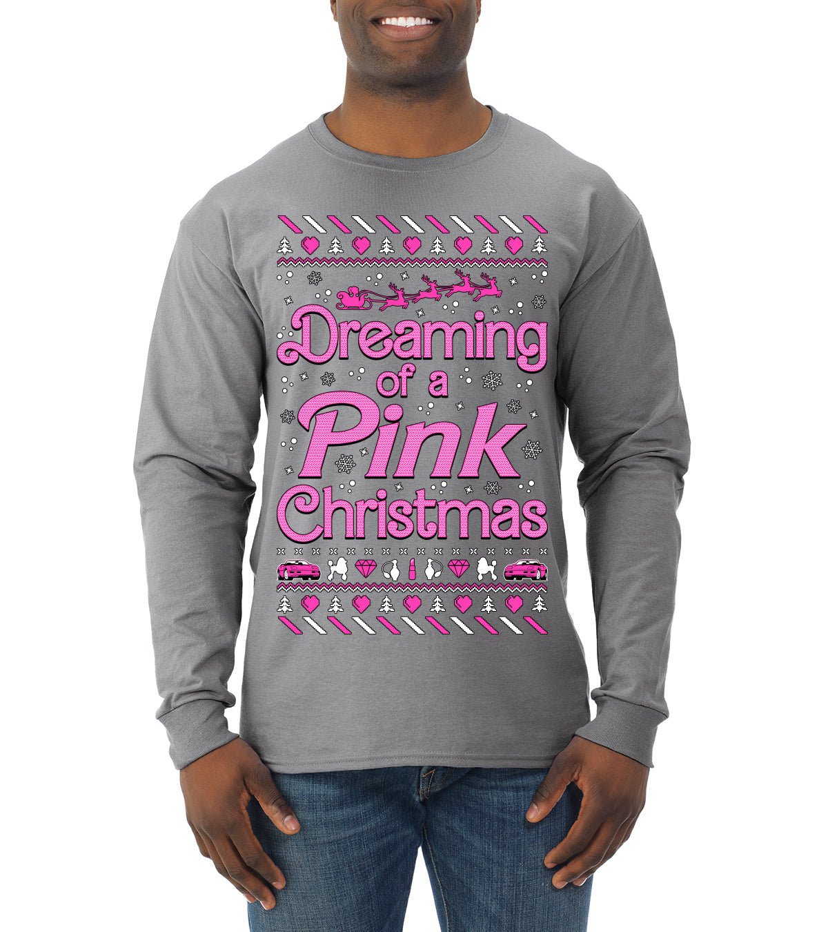 Dreaming Of A Pink Chirstmas Girly Woman Movie Party Ugly Christmas Sweater Mens Long Sleeve Shirt