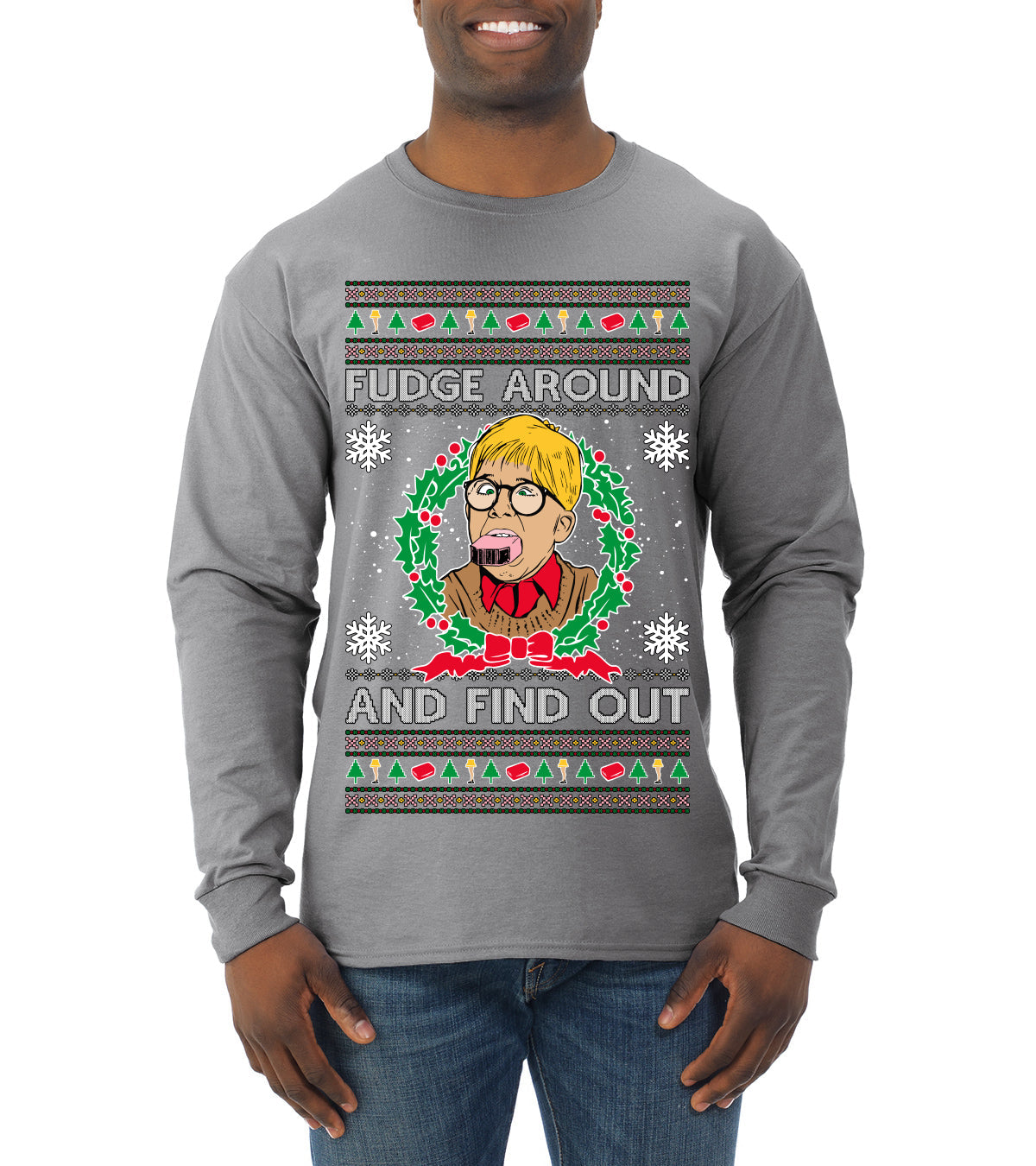 Fudge Around And Find Out Story Ugly Christmas Sweater Mens Long Sleeve Shirt