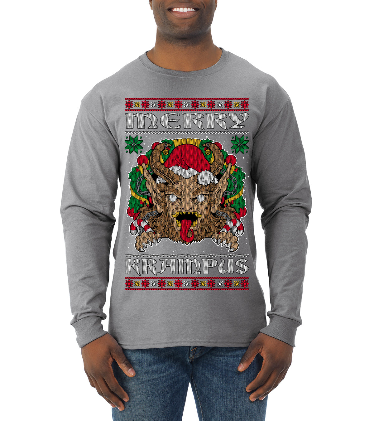 Merry Krampus Santa Folklore Figure Horror Ugly Christmas Sweater Mens Long Sleeve Shirt