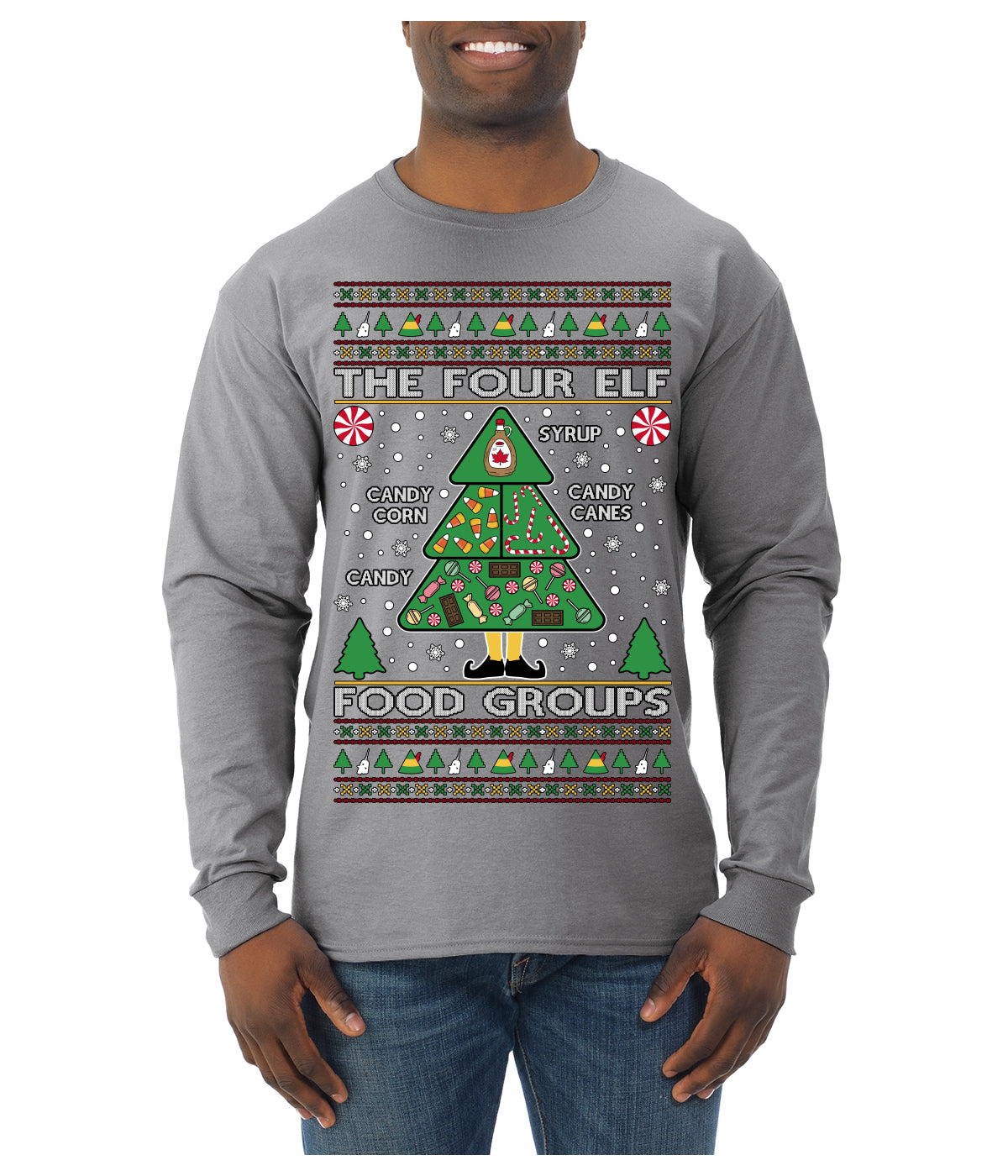 The Four Elf Food Groups Candy Canes Syrup Funny Ugly Christmas Sweater Mens Long Sleeve Shirt