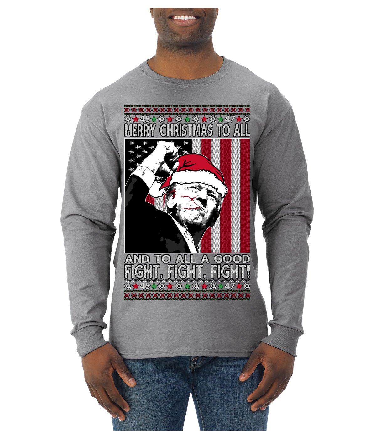 Merry Christmas to All a Good Fight | Santa Donald Trump Ugly Christmas Sweater Mens Long Sleeve Shirt