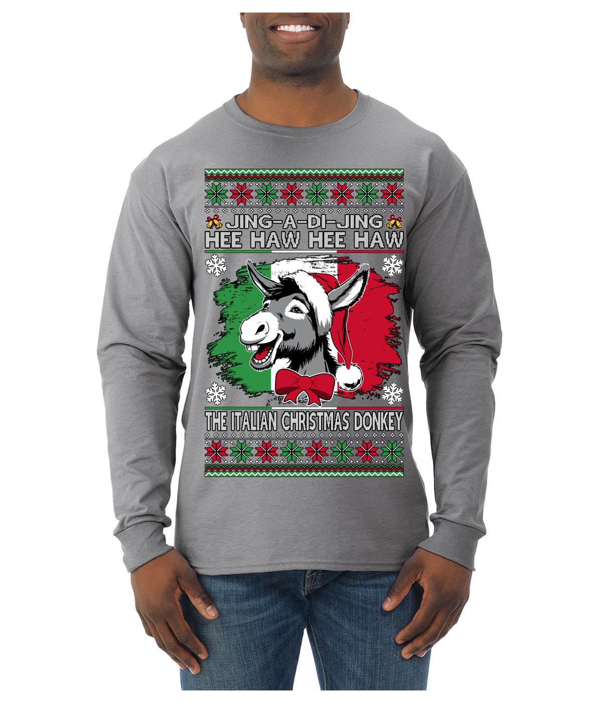 Jing a Di Jing Dominick the Italian Christmas Donkey Ugly Christmas Sweater Mens Long Sleeve Shirt