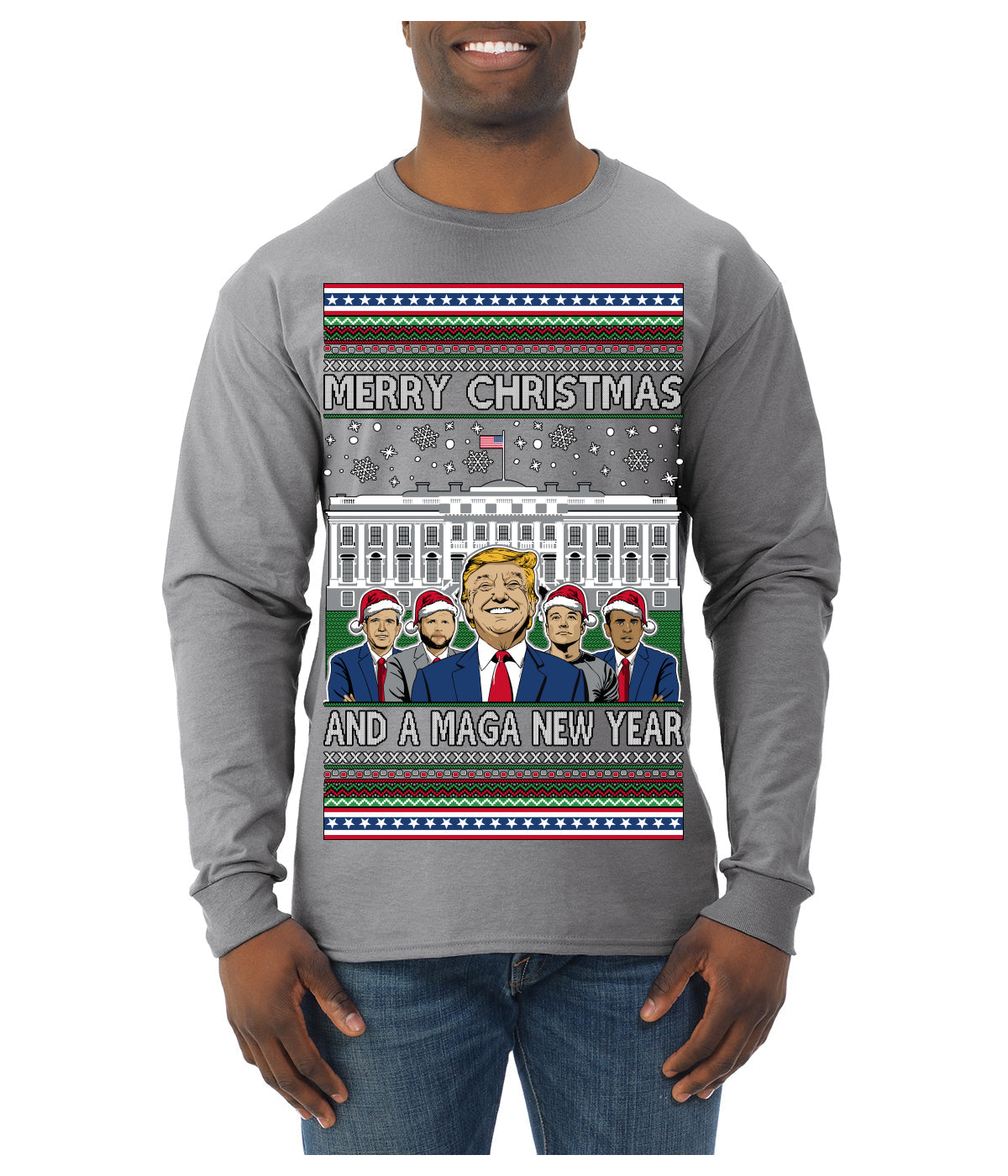 Merry Christmas and a MAGA New Year 2025 Ugly Christmas Sweater Mens Long Sleeve Shirt