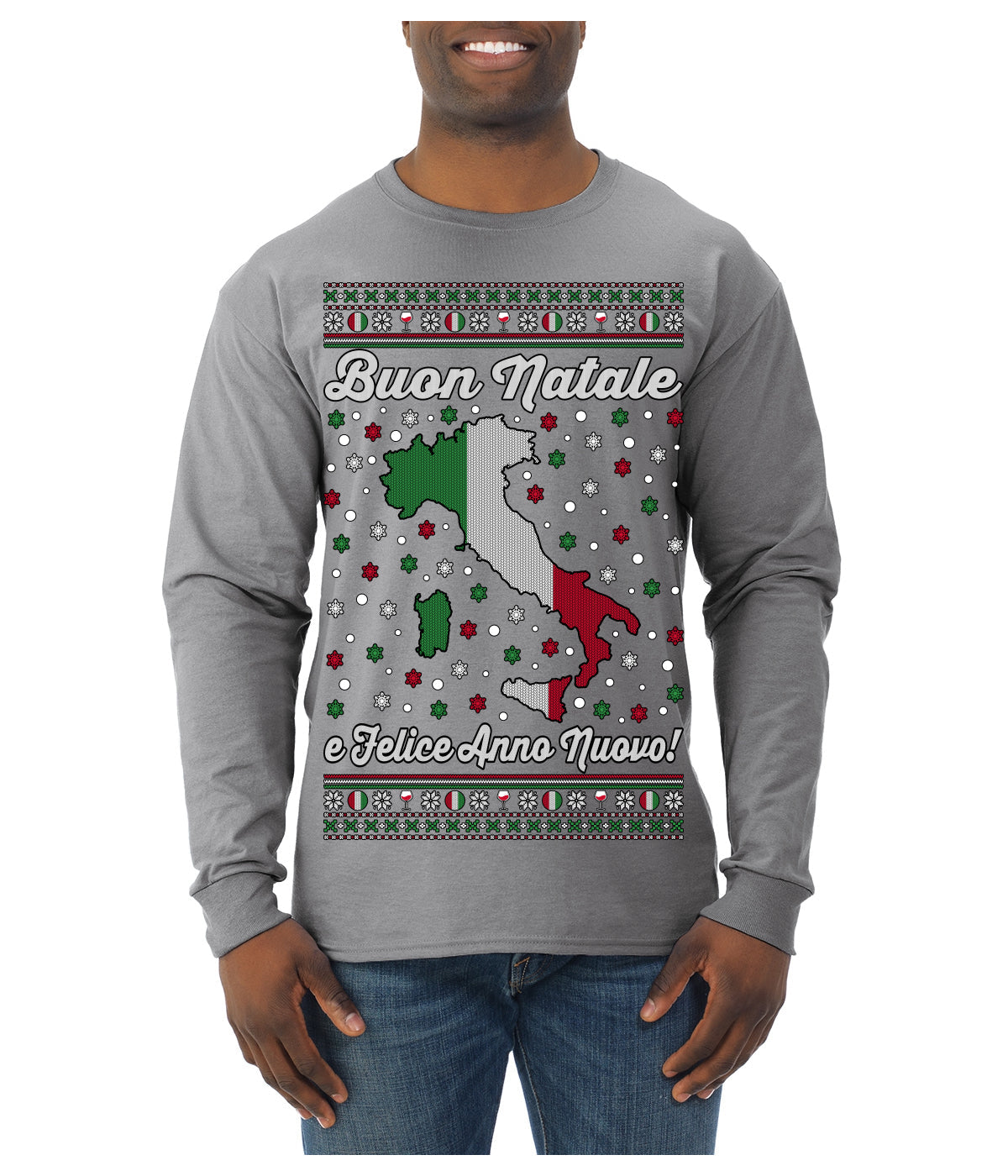 Buon Natale e Felice Anno Nuovo! Merry Christmas and Happy New Year Ugly Christmas Sweater Mens Long Sleeve Shirt