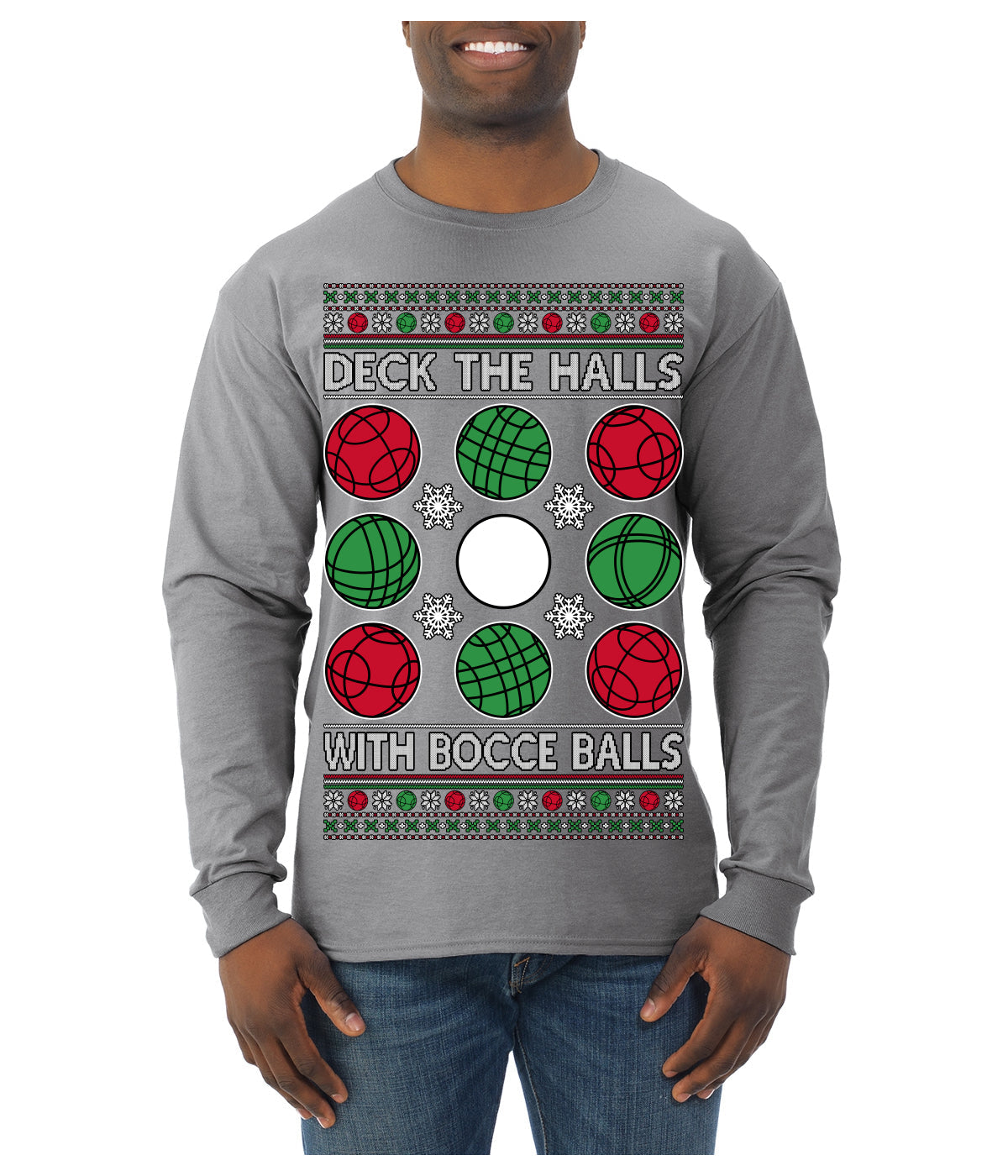 Deck the Halls with Bocce Balls, Funny Classic Italy Italian Sports Ugly Christmas Sweater Mens Long Sleeve Shirt