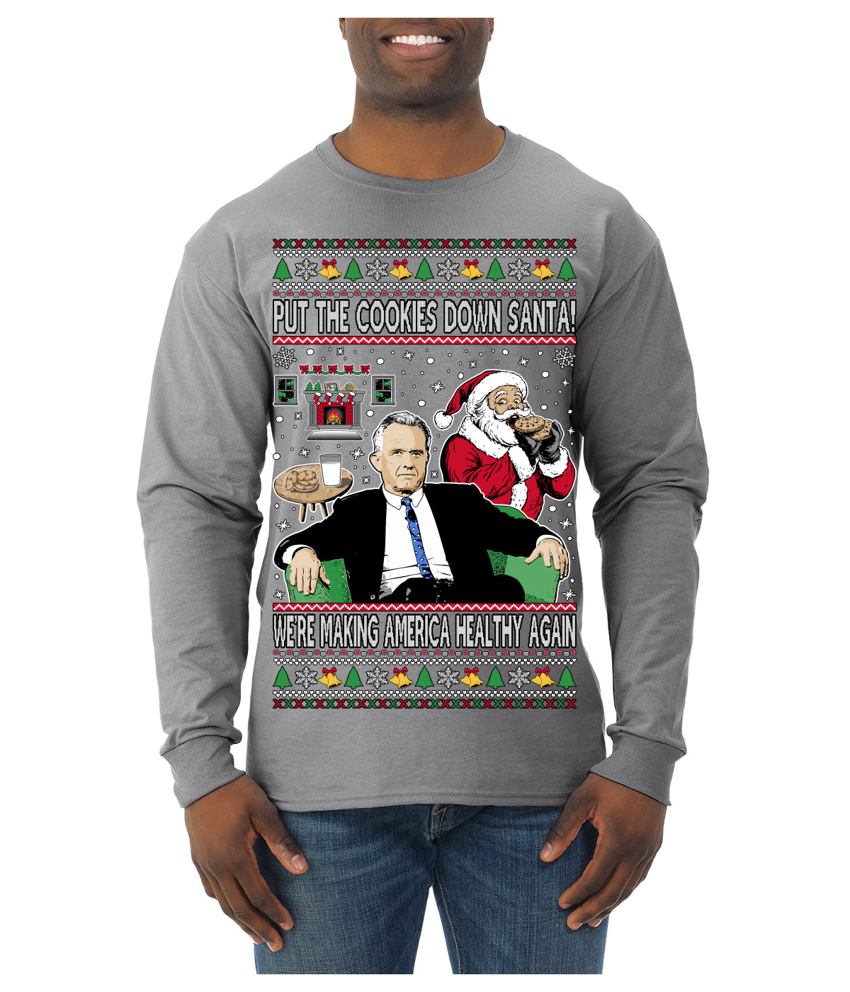Put the Cookies Down Make America Healthy Again RFK Ugly Christmas Sweater Mens Long Sleeve Shirt