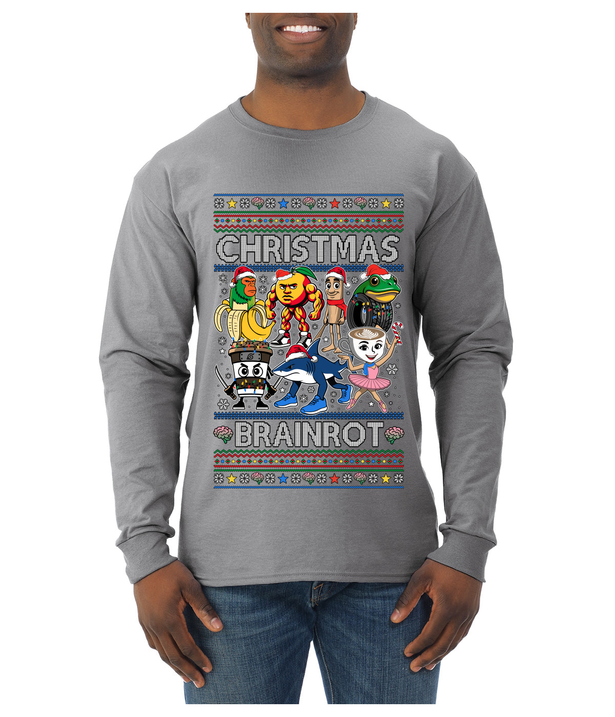 Christmas Brainrot, Ugly Christmas Sweater Mens Long Sleeve Shirt