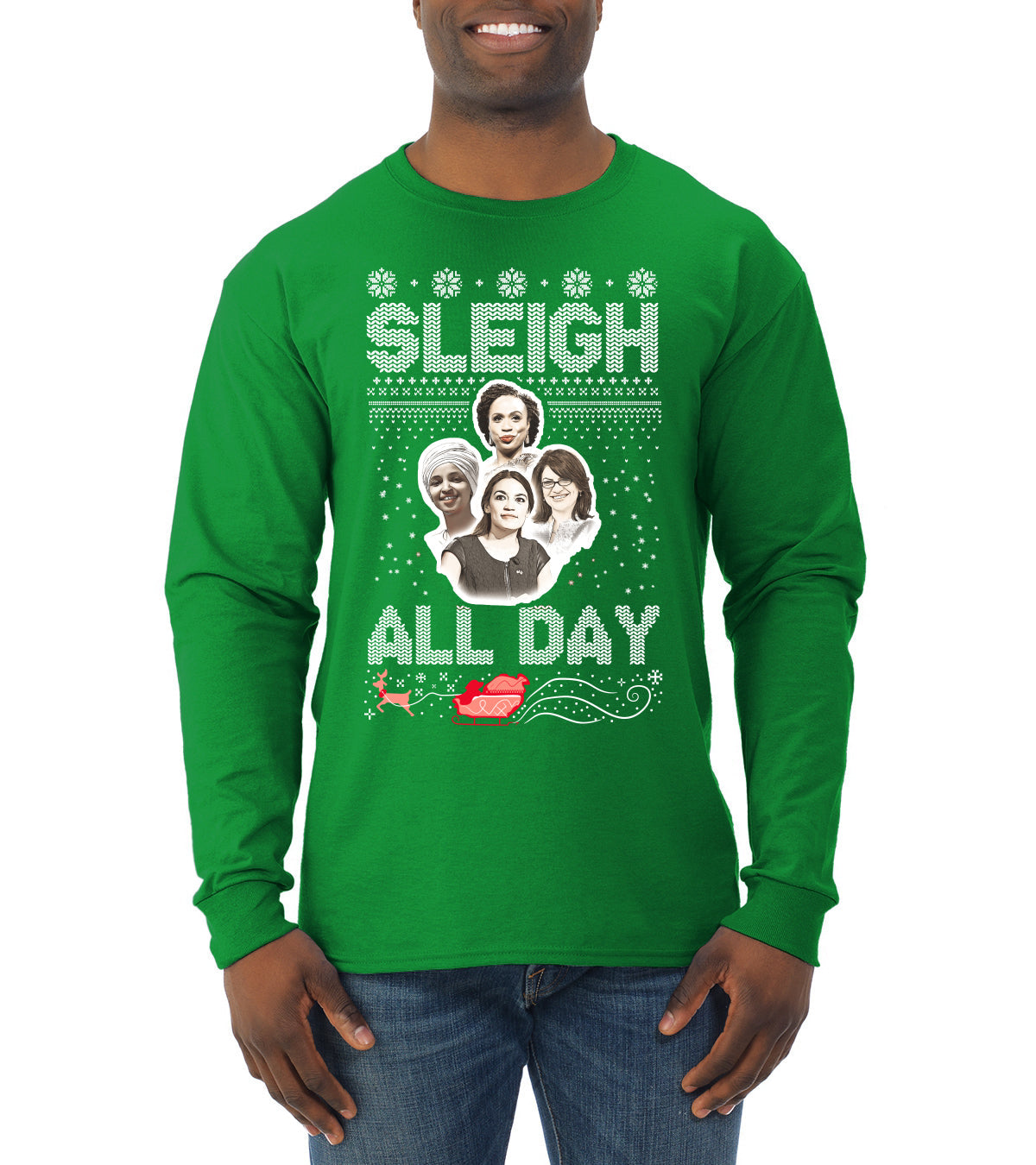 AOC The Squad Congresswomen Sleigh All Day Xmas Ugly Christmas Sweater Mens Long Sleeve Shirt