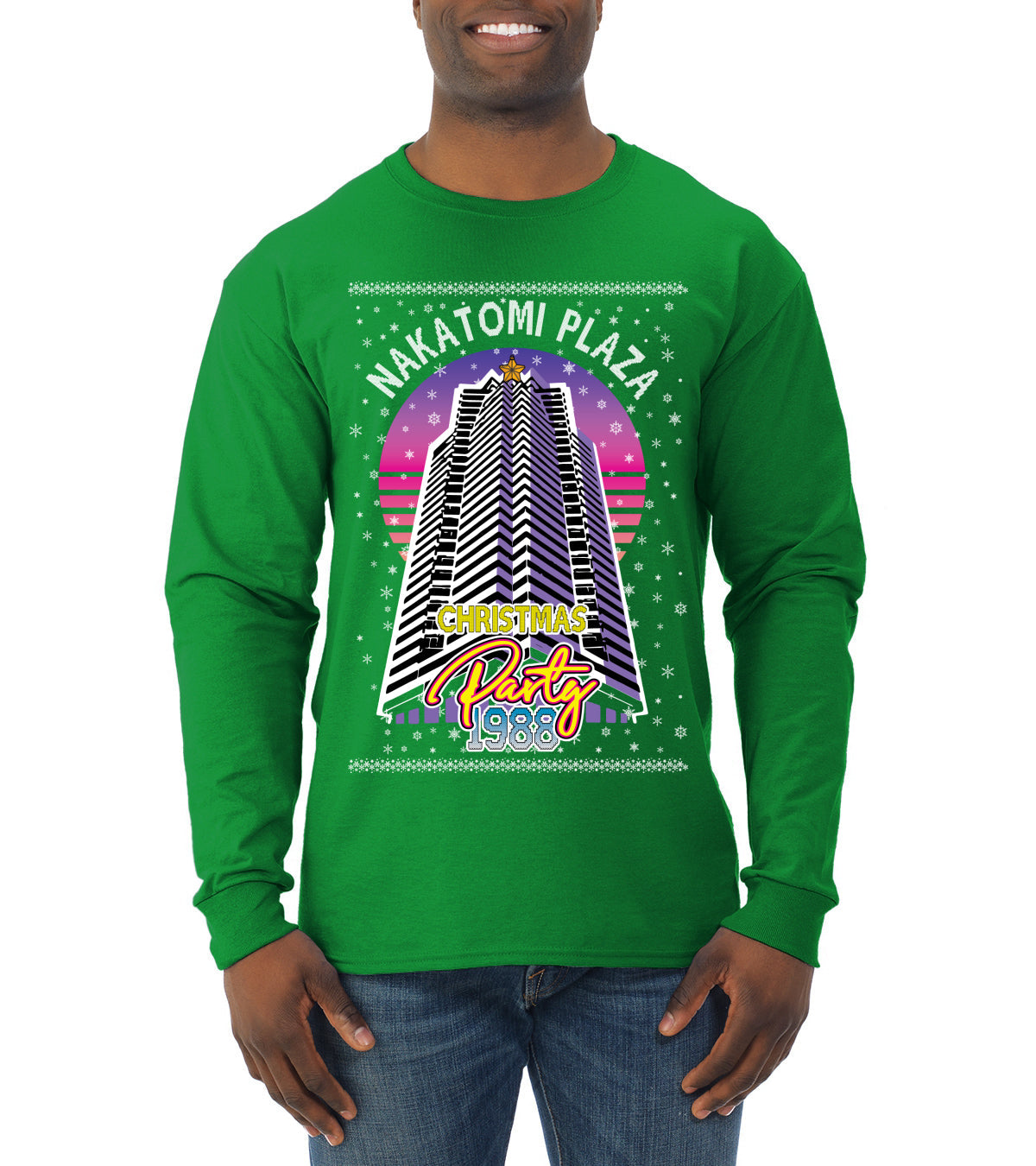 Retro Nakatomi Plaza 1988 Holiday Party Ugly Christmas Sweater Mens Long Sleeve Shirt