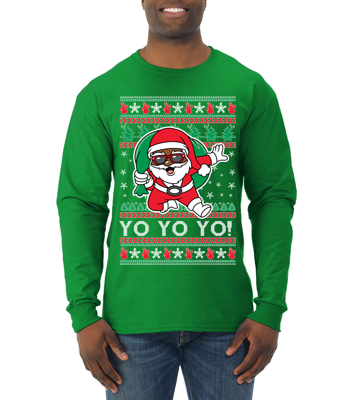 Yo Yo Yo Black Santa Ugly Christmas Sweater Mens Long Sleeve Shirt