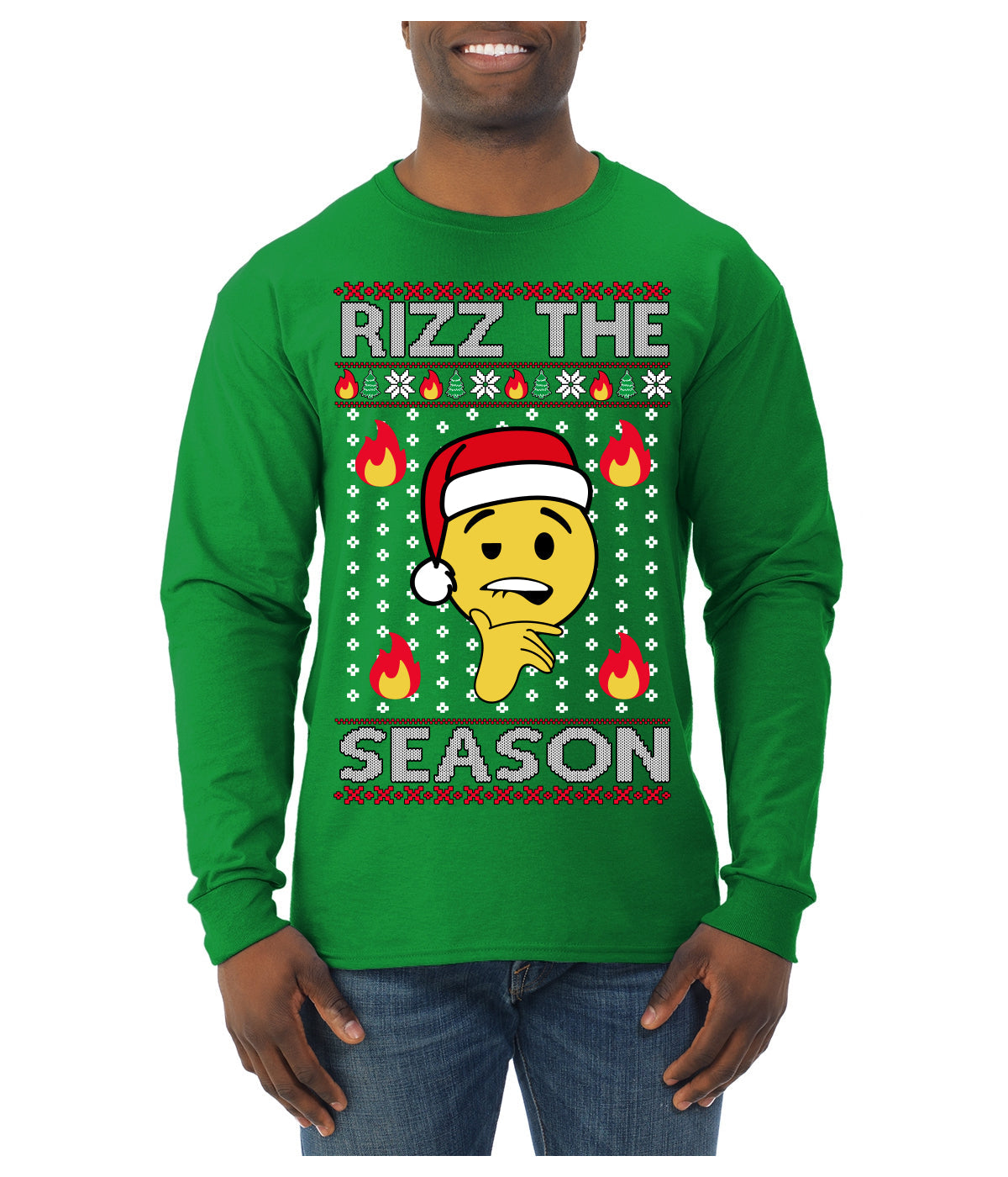 Rizz the Season Viral Internet Fire Emoji Face Meme Ugly Christmas Sweater Mens Long Sleeve Shirt